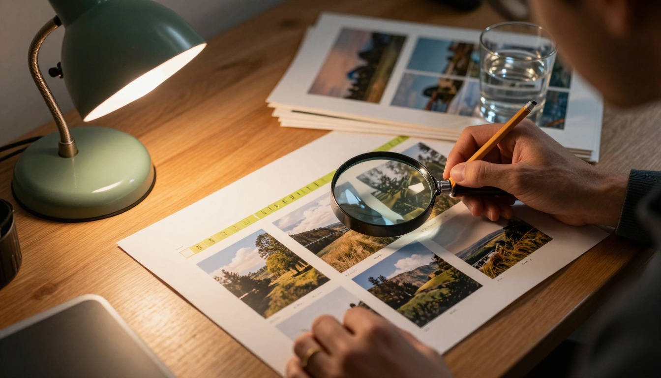 An editor checking a printed contact sheet of landscape photos with a loupe