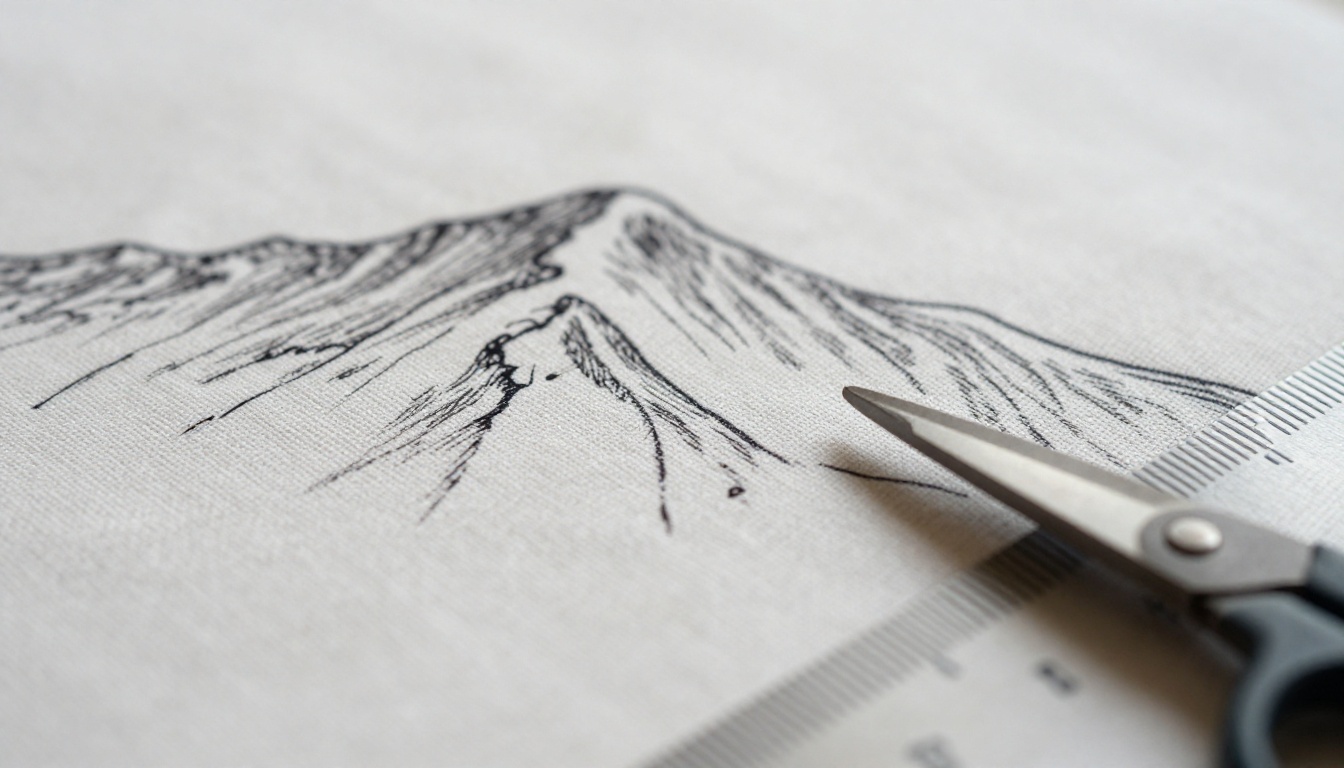 Macro of a printed cotton surface showing a crisp mountain line illustration