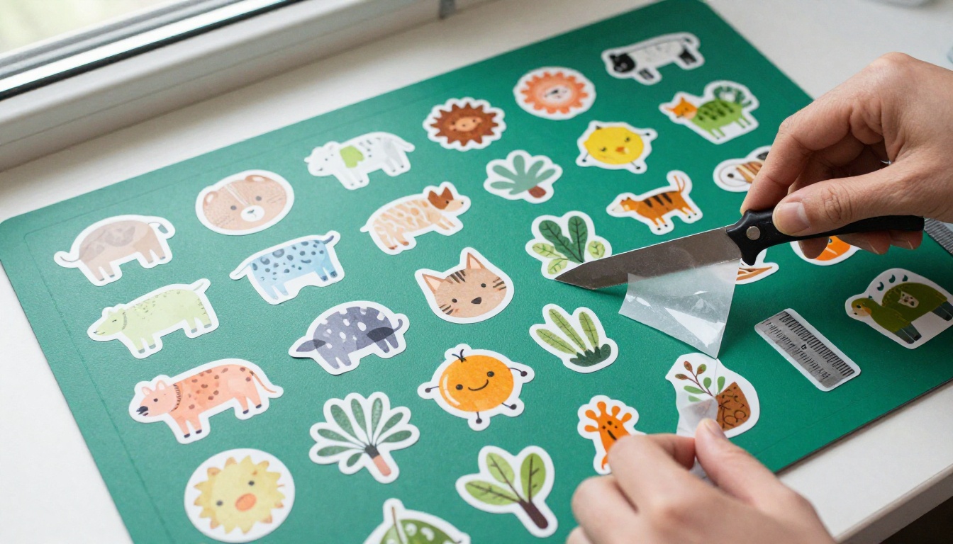 Die cut vinyl stickers on a green cutting mat with a hand peeling one from its backing
