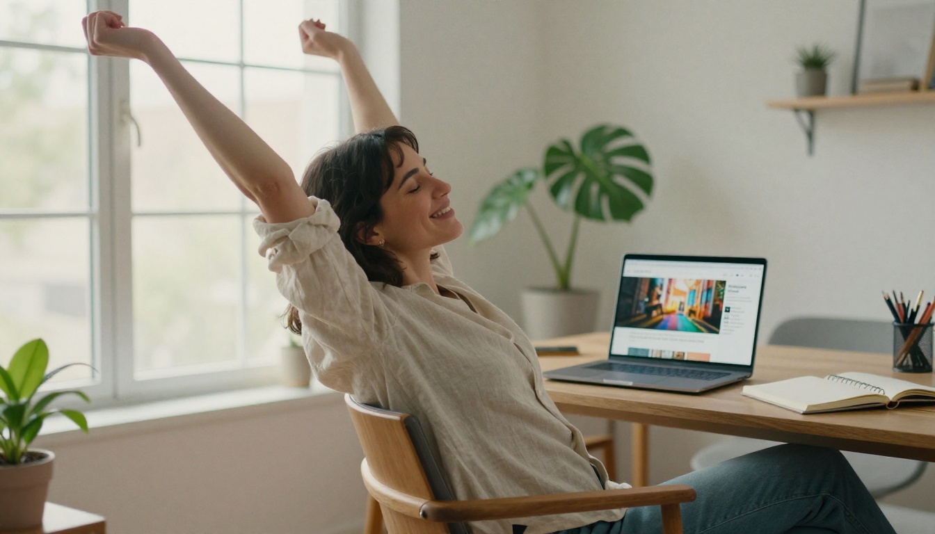 A smiling woman leaning back in her chair beside a laptop that shows a published blog page