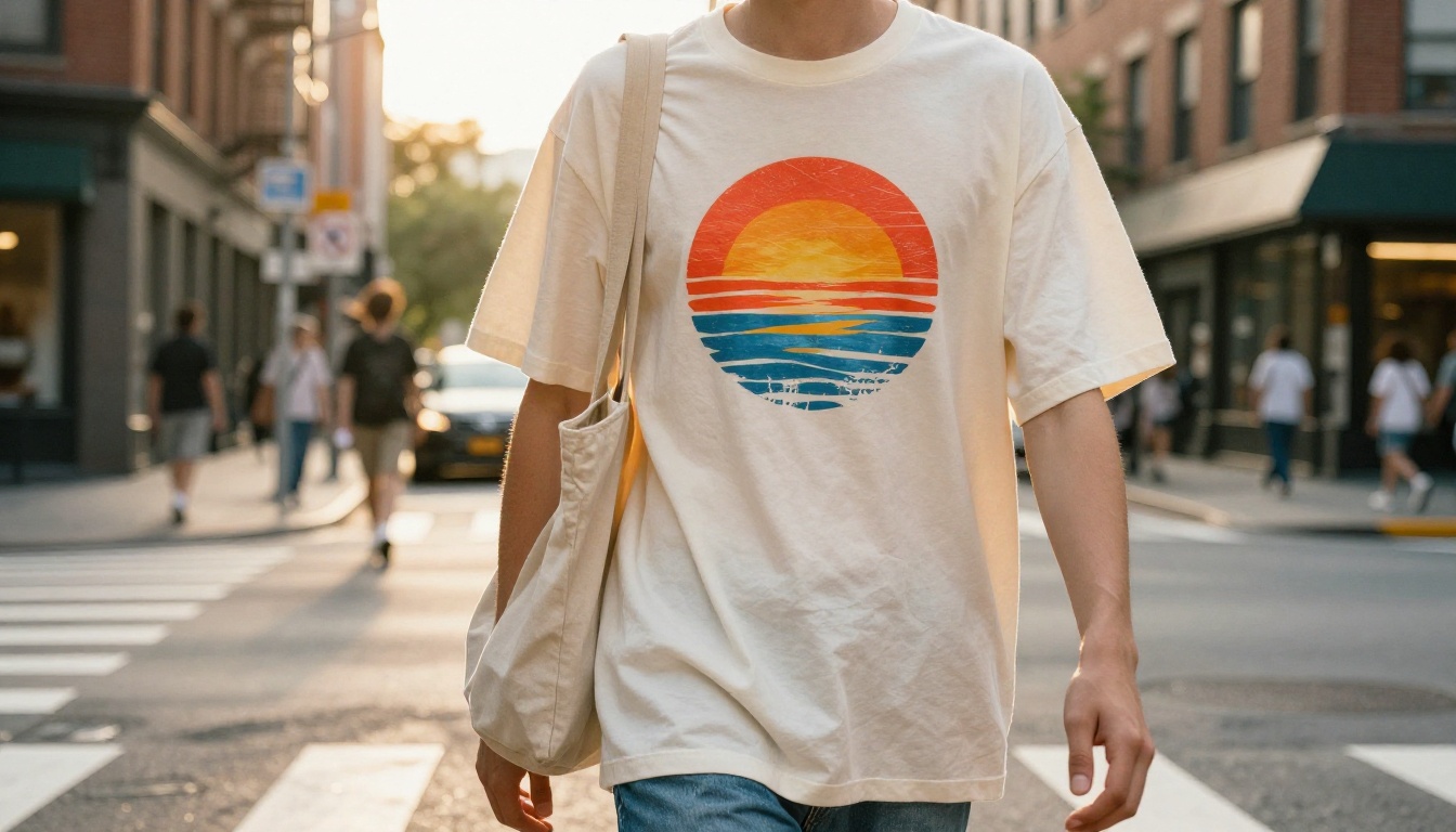 A young person in an oversized printed t-shirt crossing a sunlit street