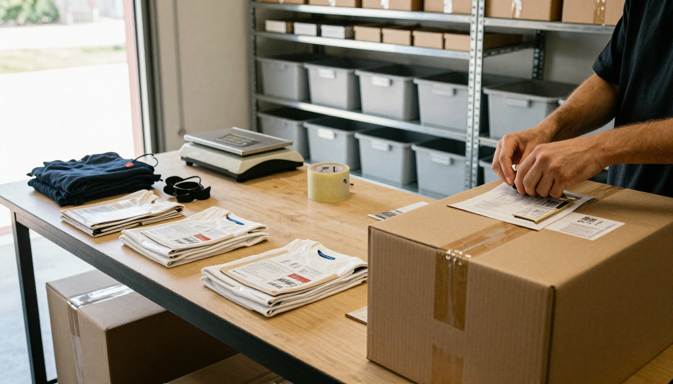 A tidy packing table with folded t-shirts in kraft mailers and a shipping scale