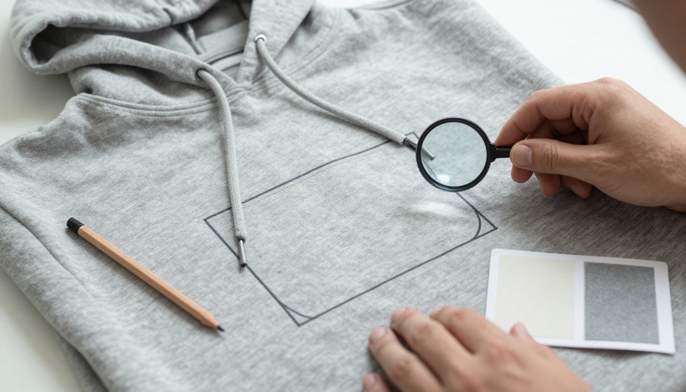 Two hands inspecting the print on a gray hoodie with a magnifying loupe