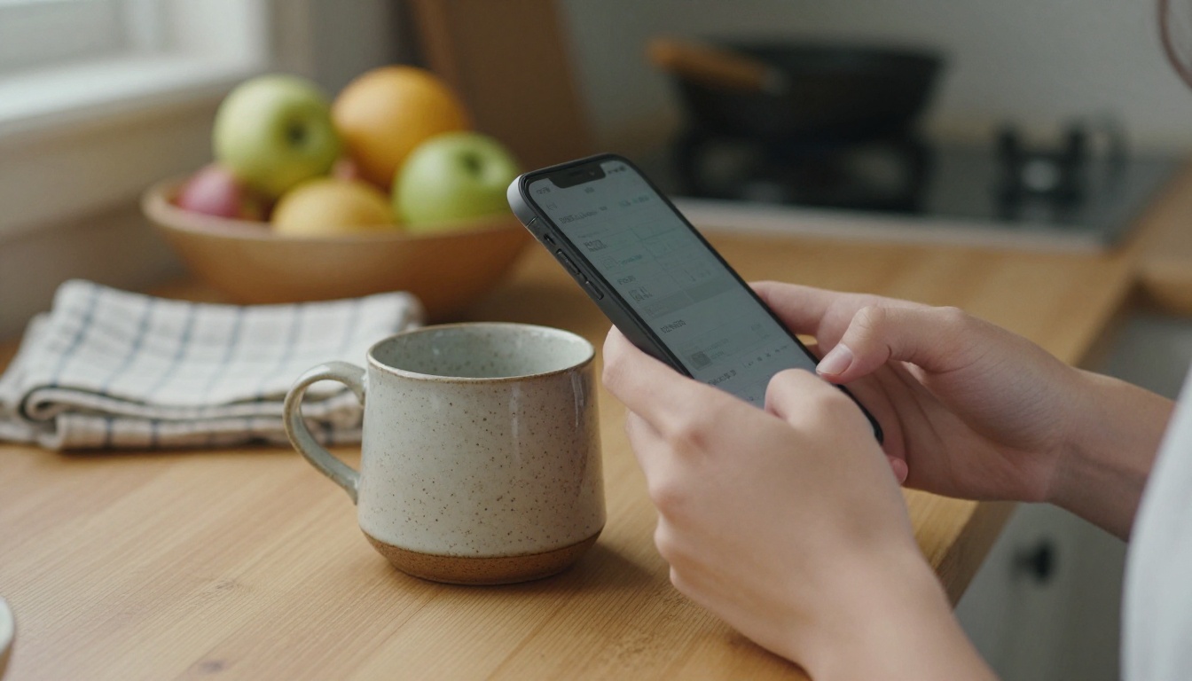 Hands holding a smartphone above a speckled ceramic mug on a wooden kitchen table