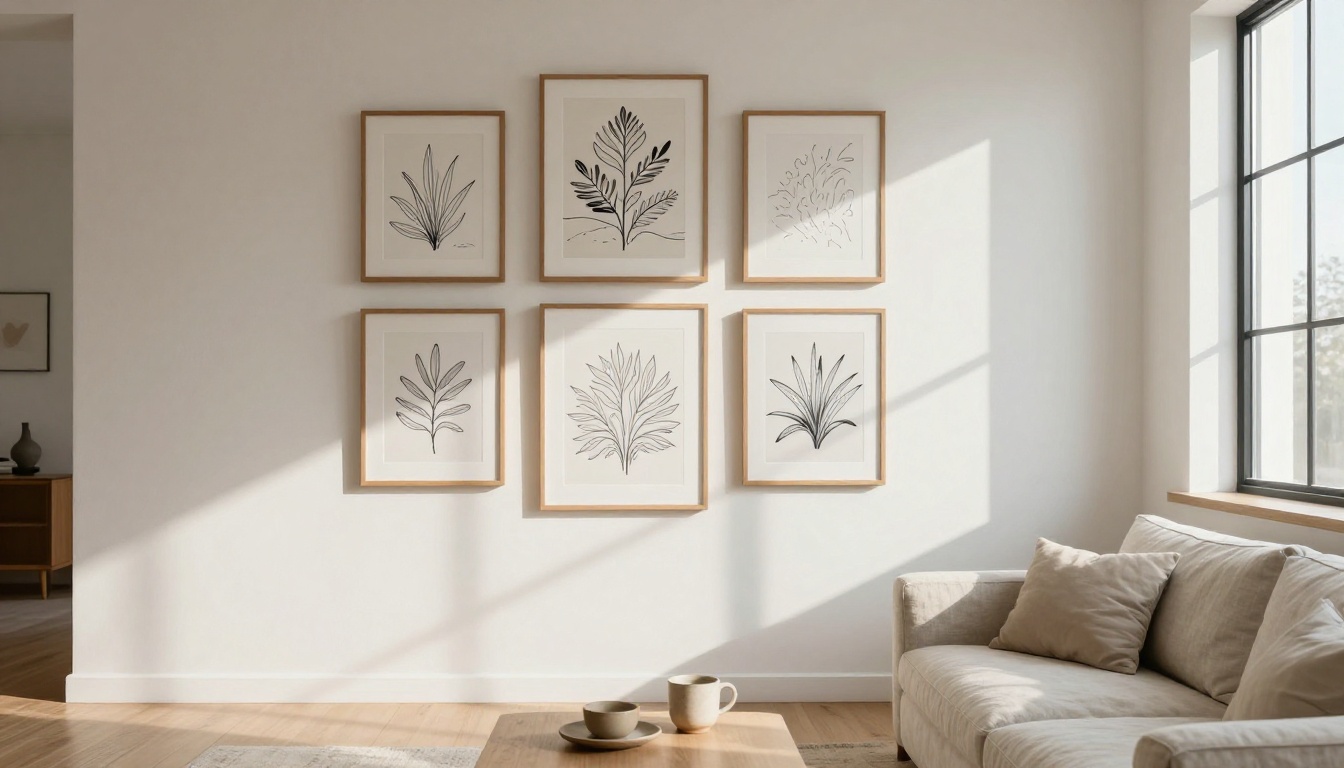 A bright living room wall with five framed botanical line art prints