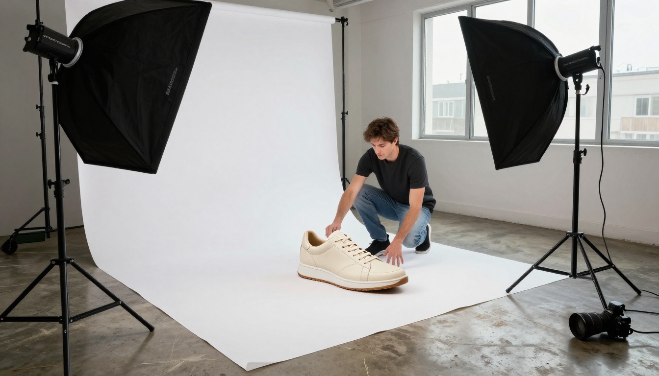 Photographer adjusting a softbox beside a cream leather sneaker in a bright studio