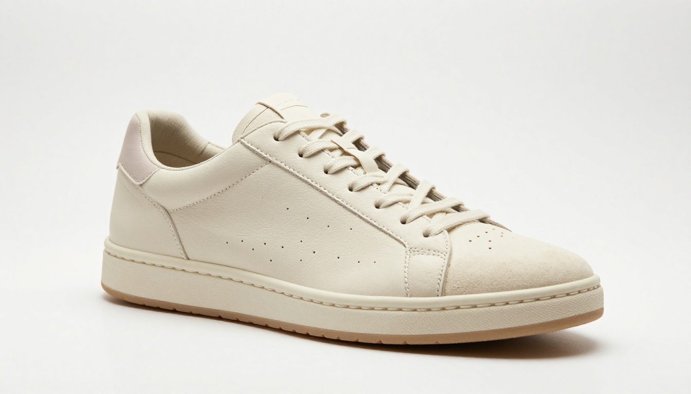 Cream leather sneaker centered on a pure white surface with a soft contact shadow