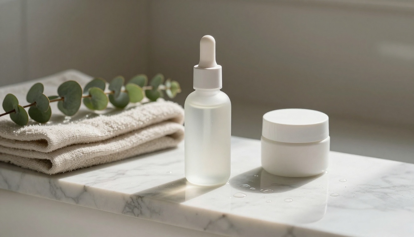Frosted skincare bottle and white jar on a pale marble bathroom shelf in morning light