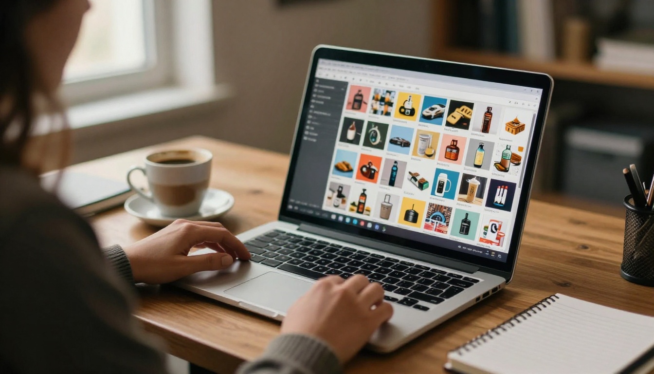 Store owner at a wooden desk reviewing a laptop screen full of product thumbnails