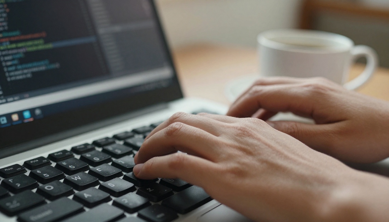 Hands typing Python code on a laptop beside a cup of coffee