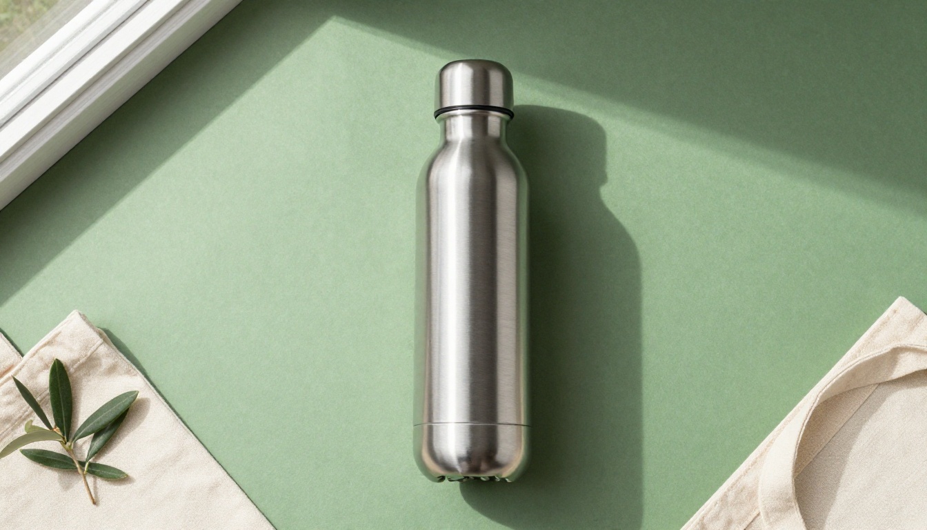 Overhead view of a brushed steel water bottle on a sage green backdrop with a soft elliptical shadow