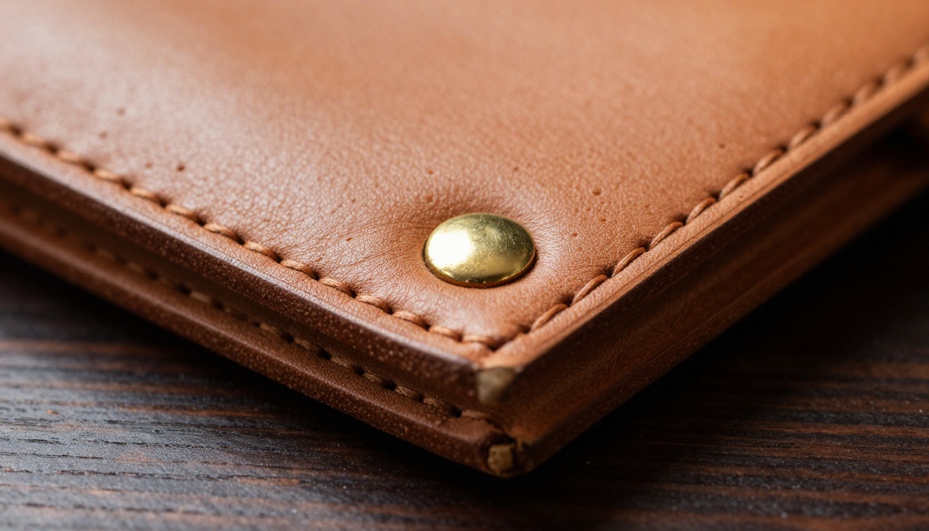 Extreme macro of a hand-stitched tan leather wallet edge with visible thread and pores in the leather