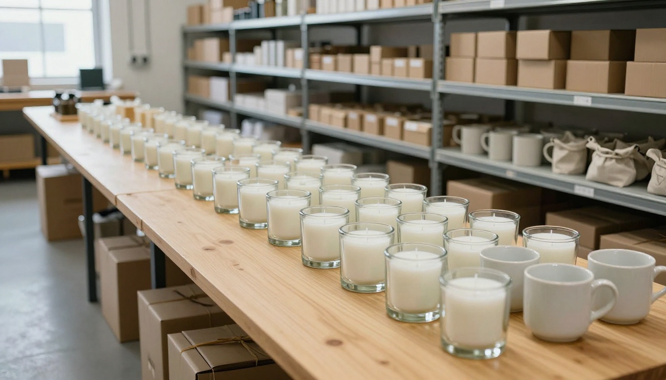 Long birch table in a packing workshop with rows of matching candle jars, mugs, and linen pouches