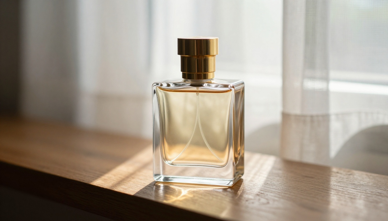 Clear glass perfume bottle with a brass cap on a sunlit windowsill, backlit with a bright rim along the glass