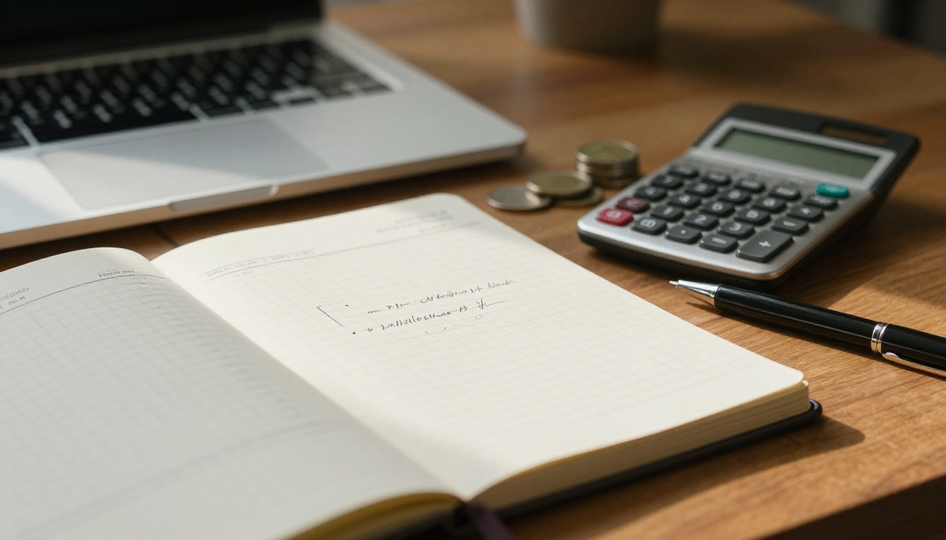 Hand-drawn budget on graph paper next to a calculator and a stack of coins