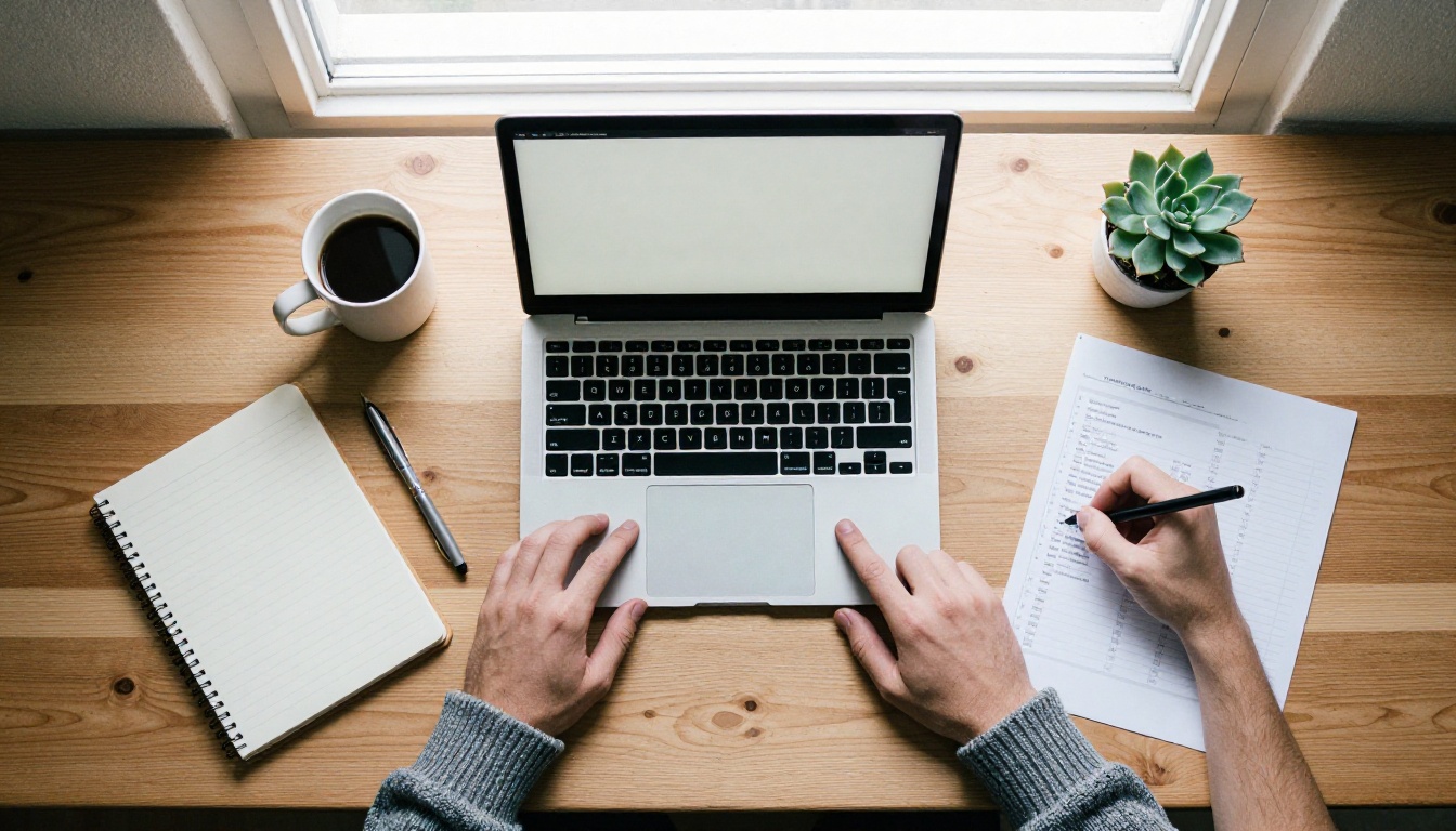 Aerial view of two colleagues at a shared wooden desk with a laptop, tablet, notebooks and a paper chart