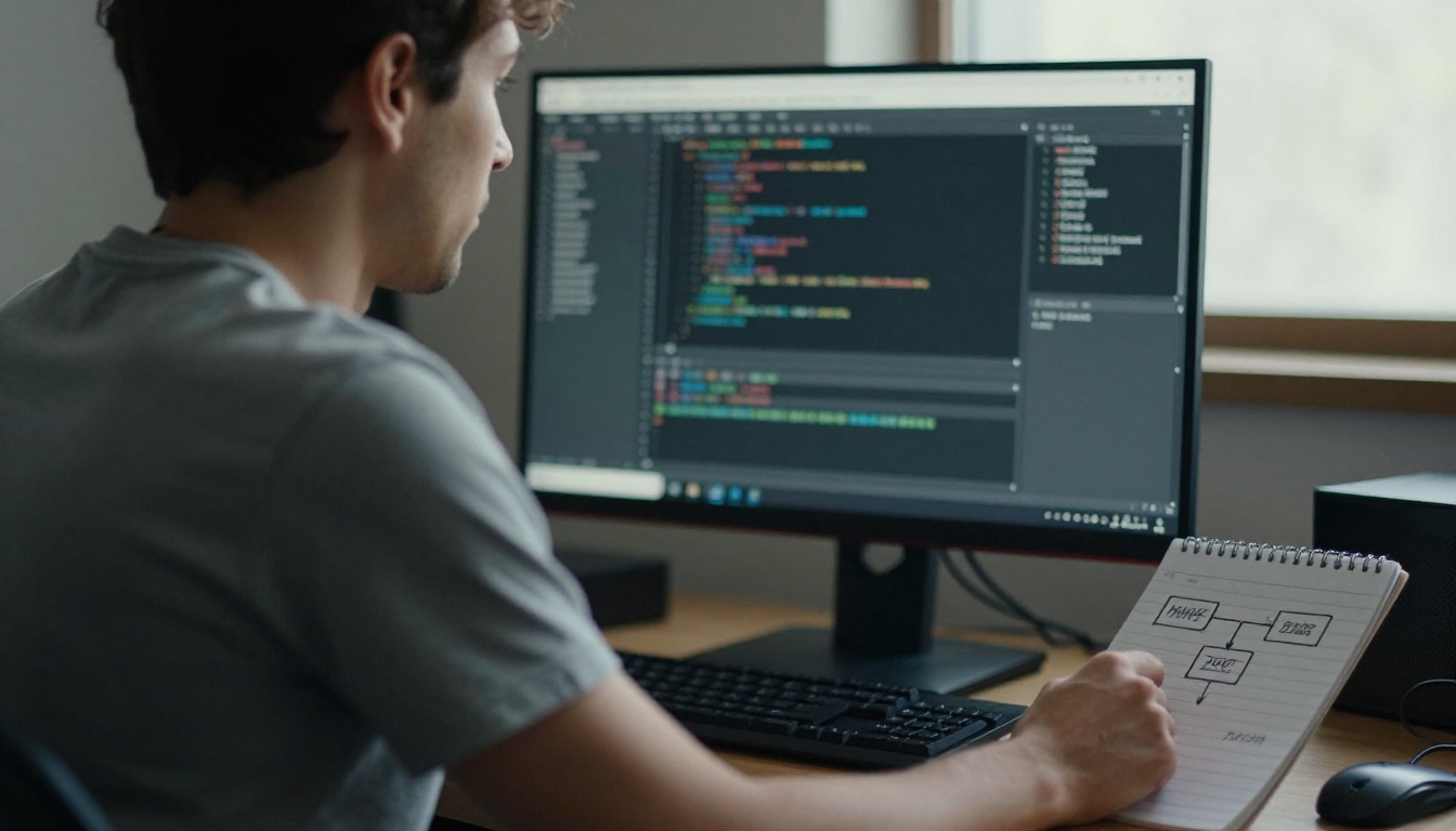 Backend engineer leaning toward a monitor with a hand-drawn flowchart of three connected boxes on a notepad