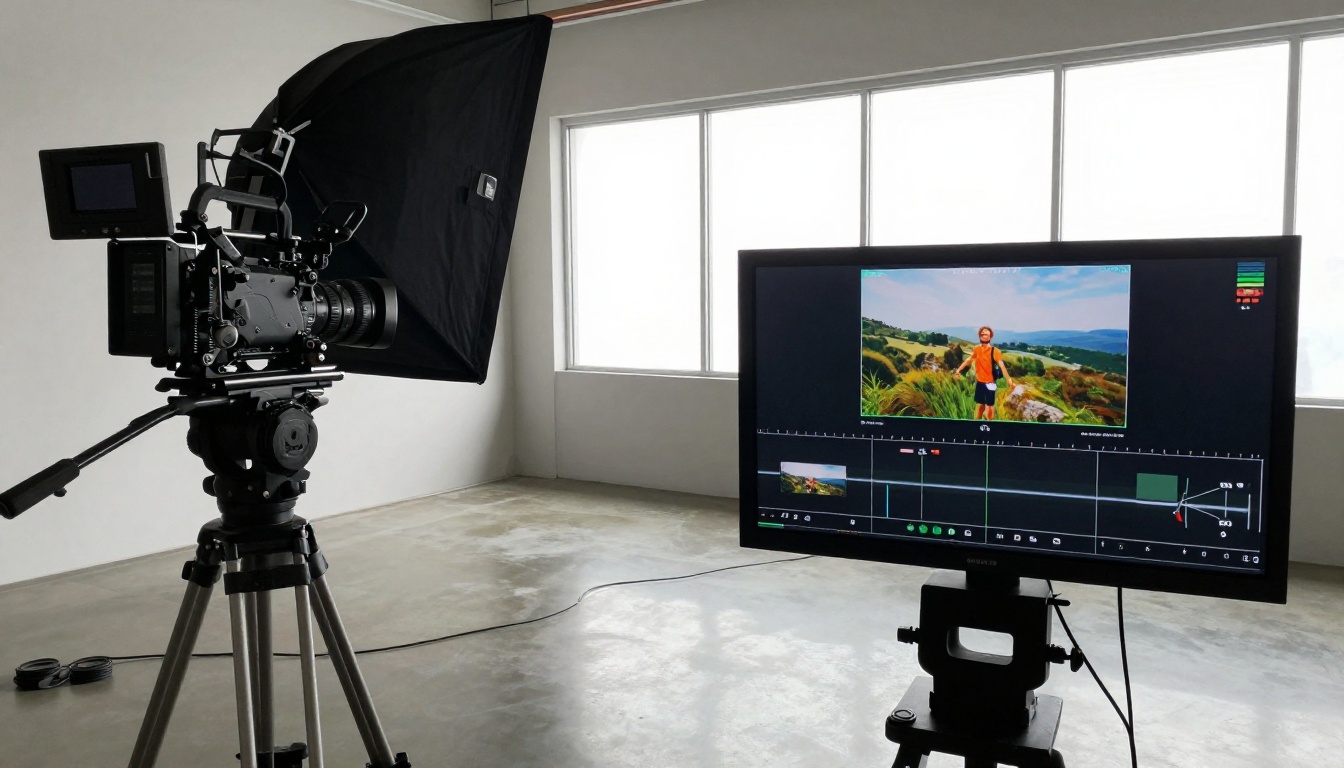 Small production studio with a cinema camera on a tripod, a softbox and a producer reviewing footage on a monitor