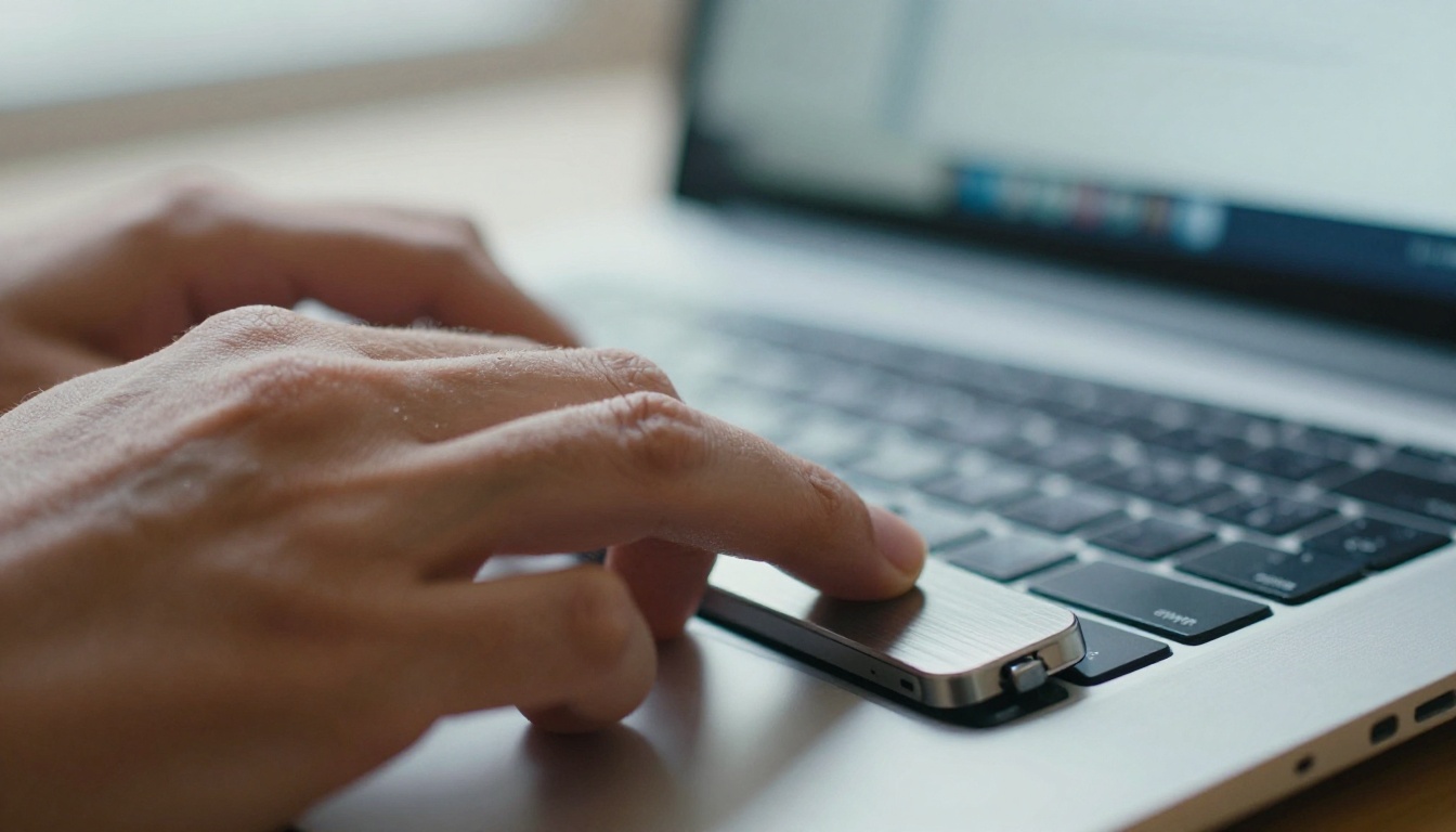 Fingertips on a laptop trackpad while a progress bar waits at the edge of a blurred screen