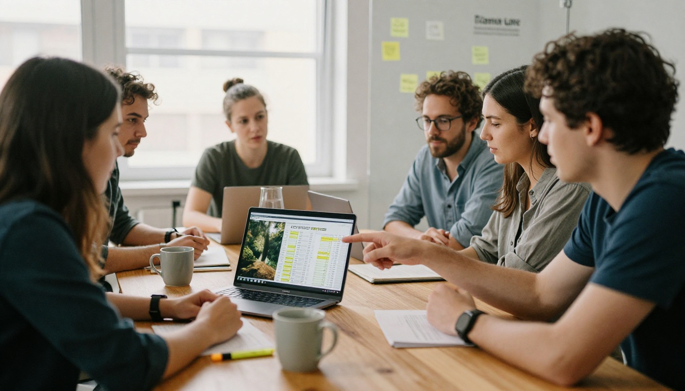 Four colleagues around a wooden table reviewing a printed spreadsheet with highlighted rows