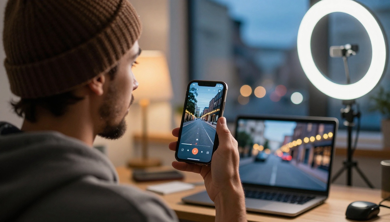 Content creator in a home studio holding a smartphone while a laptop previews a vertical clip of a city street at dusk