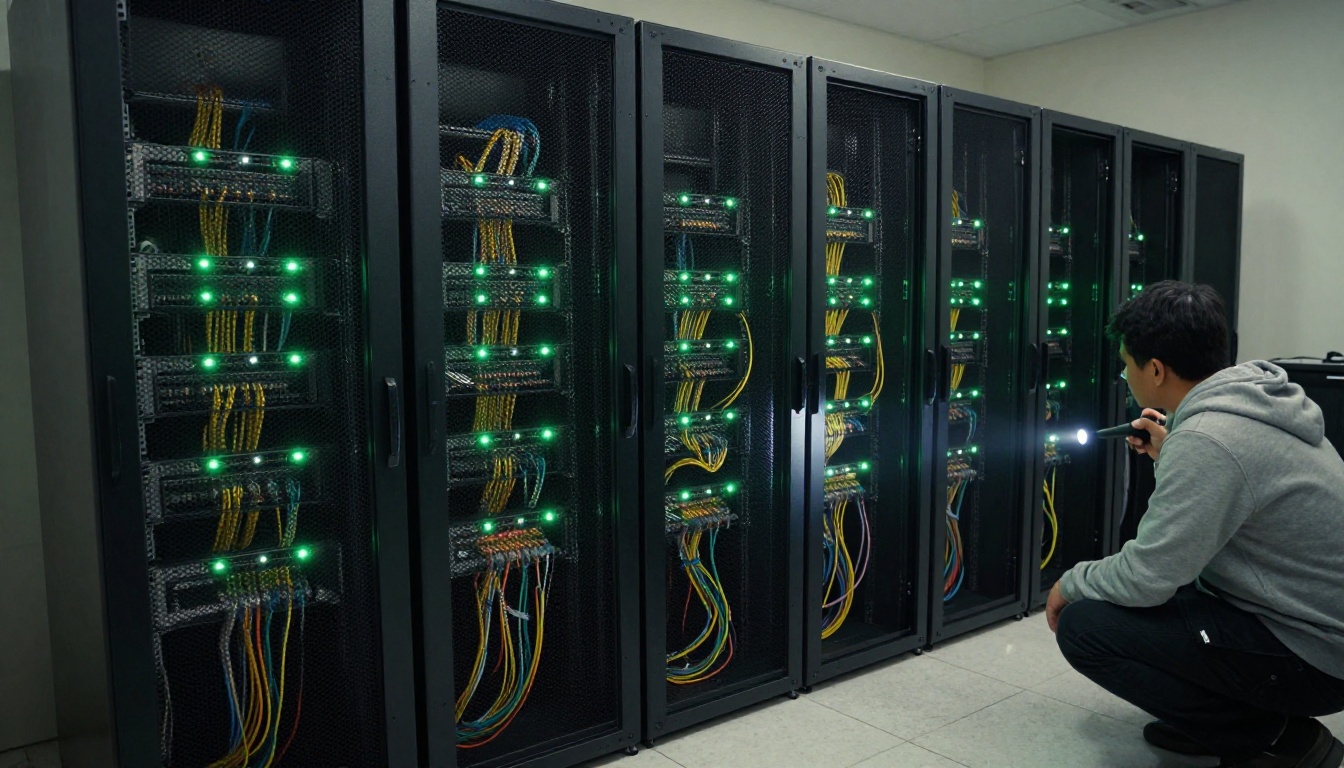 Row of network server racks with tidy patch cables and a technician crouching at the lowest rack with a flashlight