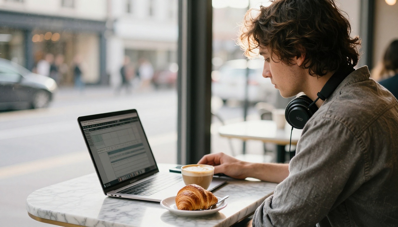 Solo filmmaker in a sunlit cafe with a laptop showing a video timeline, headphones around the neck and a flat white on a marble table