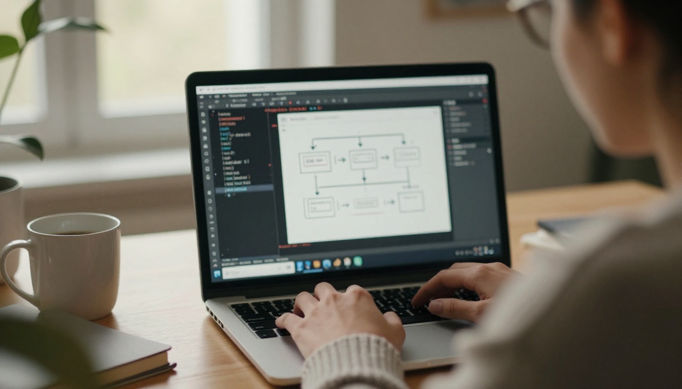 A developer typing at a laptop in a sunlit home office with a notebook of request and response diagrams