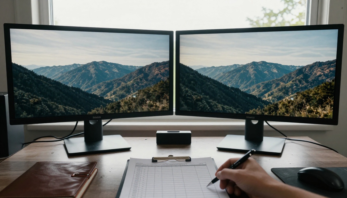 A video producer comparing two film frames of the same mountain scene on large monitors