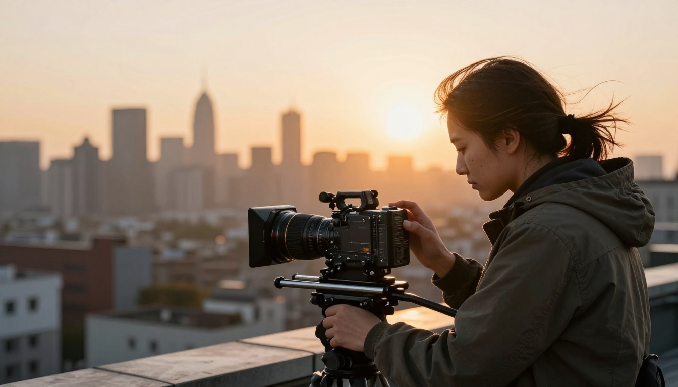 A cinematographer operating a cinema camera on a rooftop at golden hour