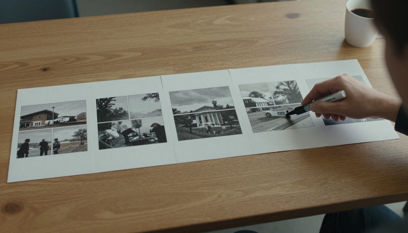 Top-down view of storyboard cards arranged in six sequential shots on a wooden table