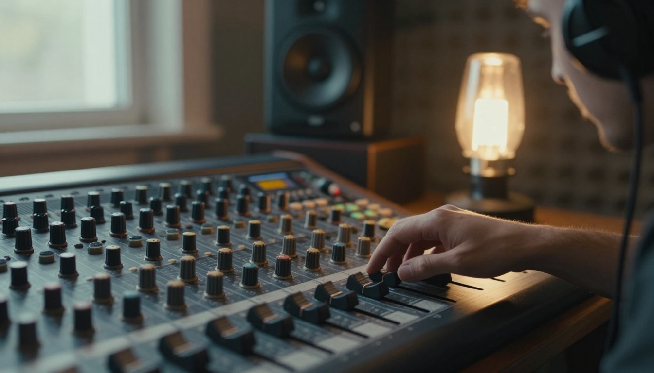 A sound engineer at an analog mixing console wearing studio headphones