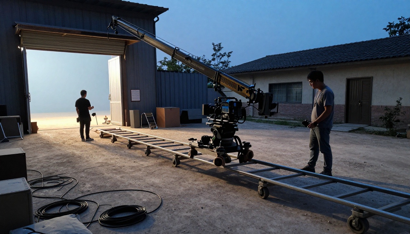 A film crew on a quiet studio set at dawn with a camera crane extended over a street set