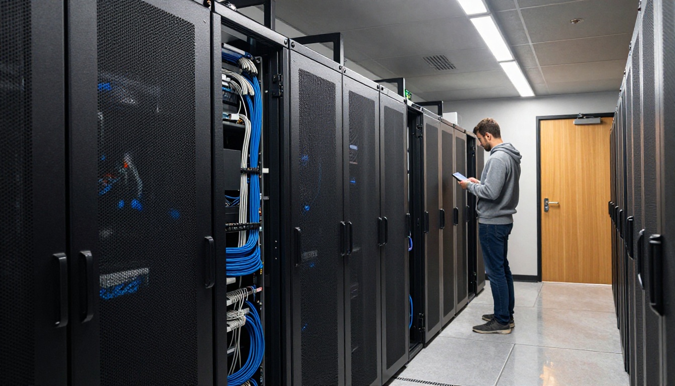A quiet data center aisle with rows of black server racks and tidy cable bundles