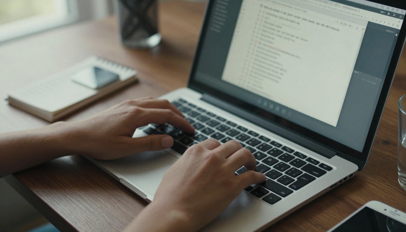 Hands typing on a laptop beside a handwritten checklist of numbered steps