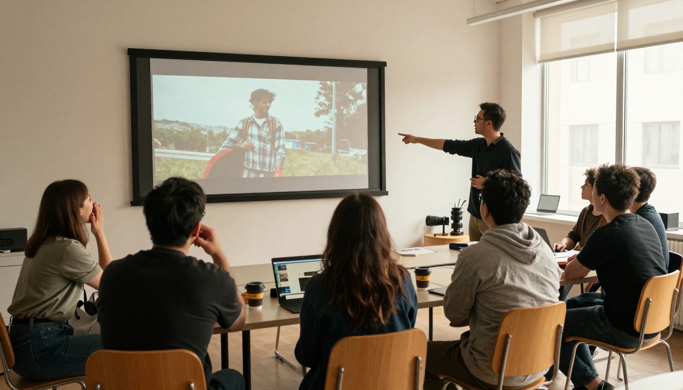 A small creative team watching a finished short film on a large wall screen in a studio