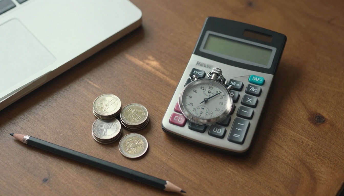 Stopwatch, calculator and coin stacks on a walnut desk, a flat lay for pricing video generation by the second