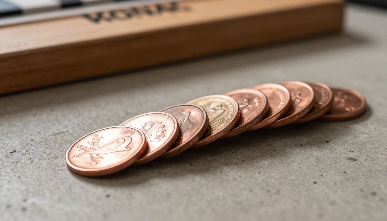 Low-angle view of copper coins stacked in ascending columns beside a wooden clapperboard