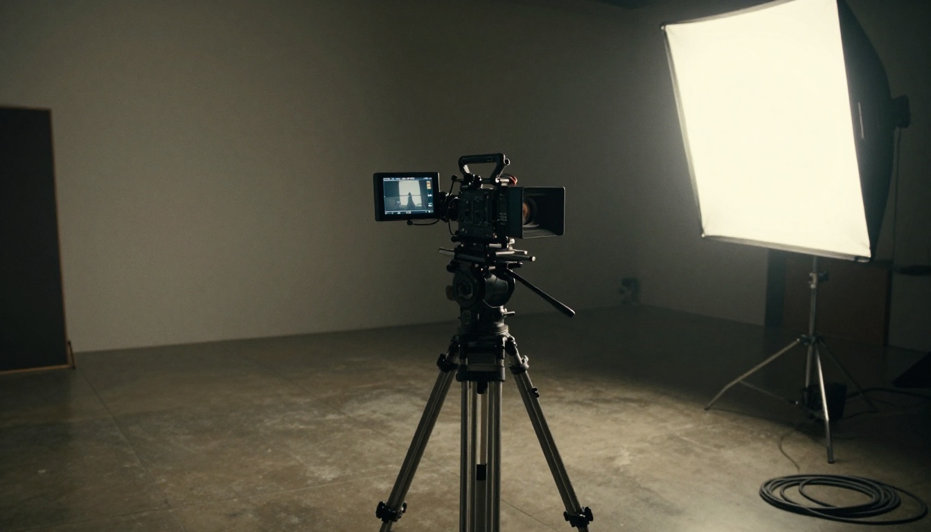 Low-angle wide shot of a cinema camera on a tripod inside a dim film studio