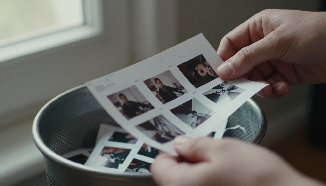 Hands crumpling a printed contact sheet above a wastebasket full of discarded paper