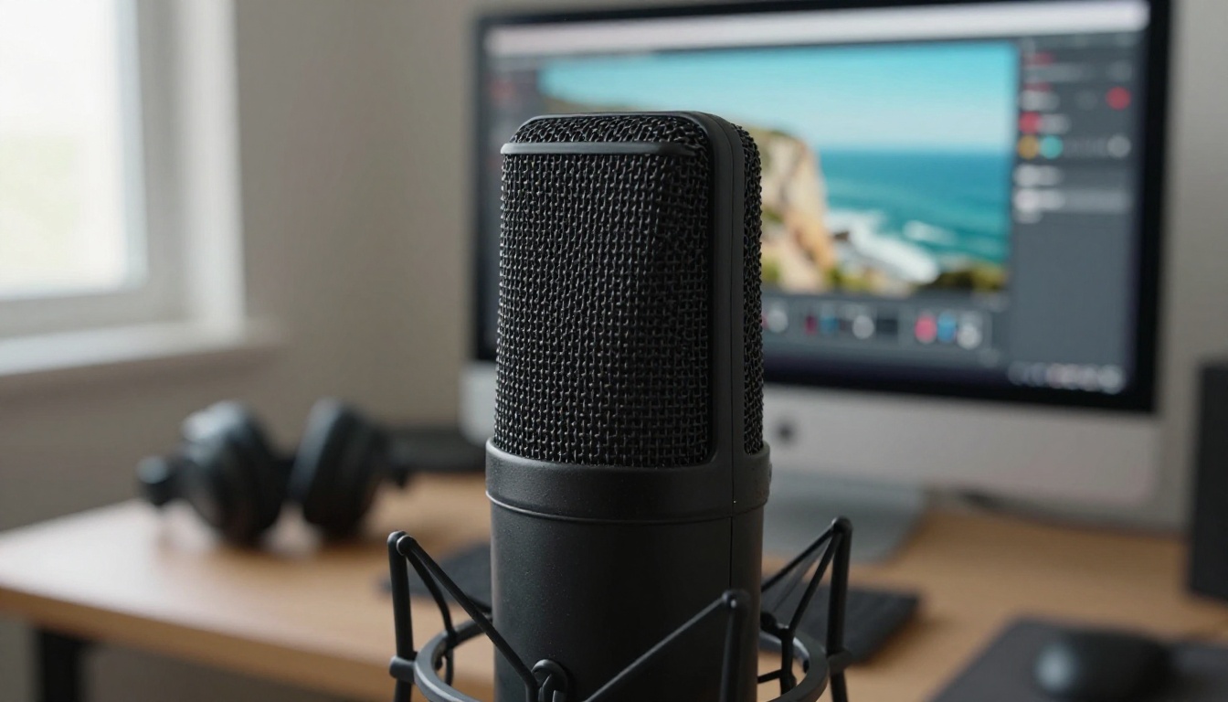 Studio condenser microphone in front of a monitor showing a paused coastal cliff frame
