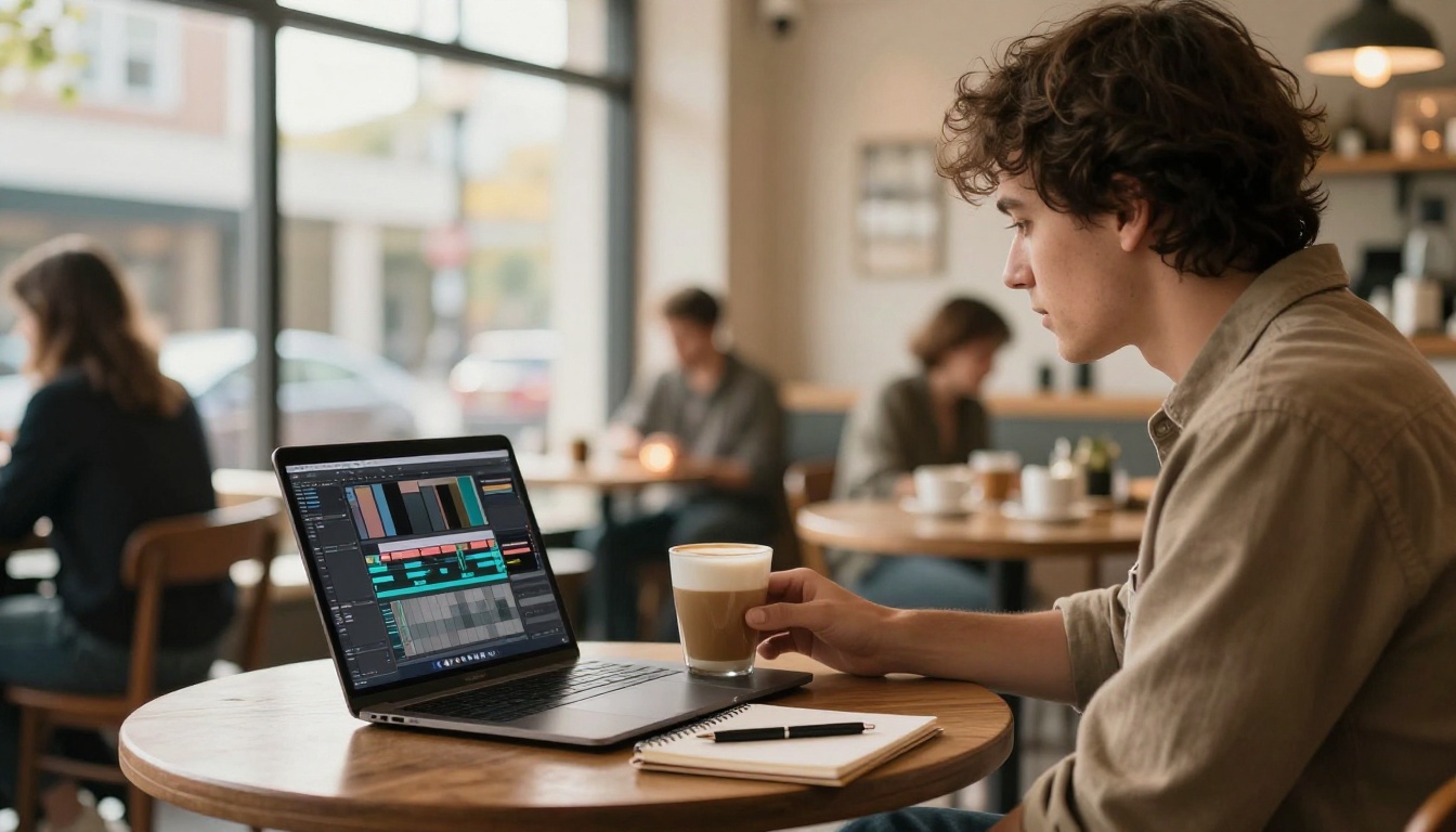 Freelance video editor at a cafe table with a laptop timeline and a notebook