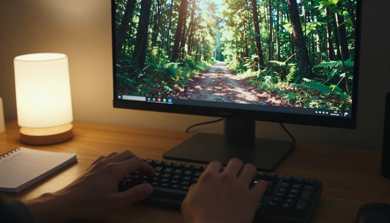 Creator's hands typing beside a monitor with a paused forest path video frame