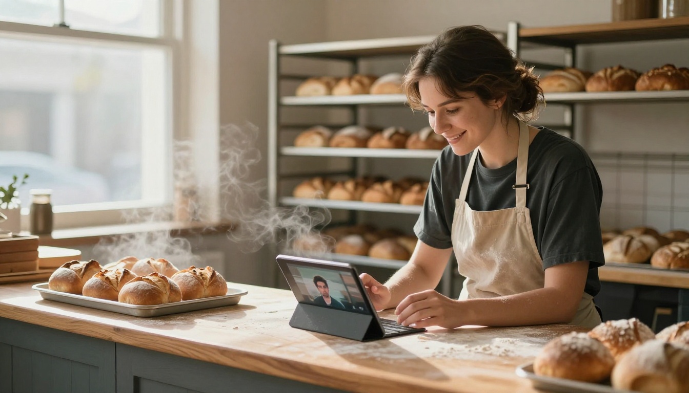 Bakery owner smiling at a short promo clip on a tablet behind a wooden counter