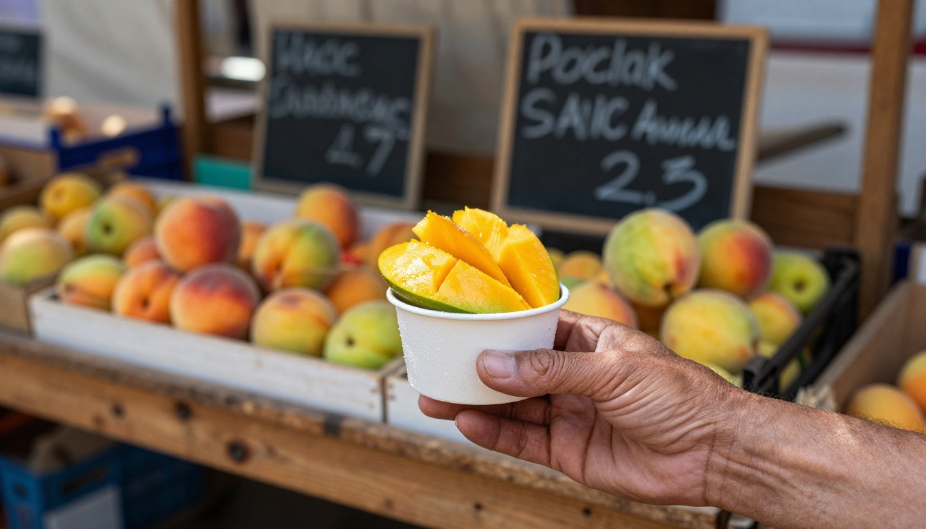 A vendor holding out a small paper cup of sliced mango at a farmers market stall