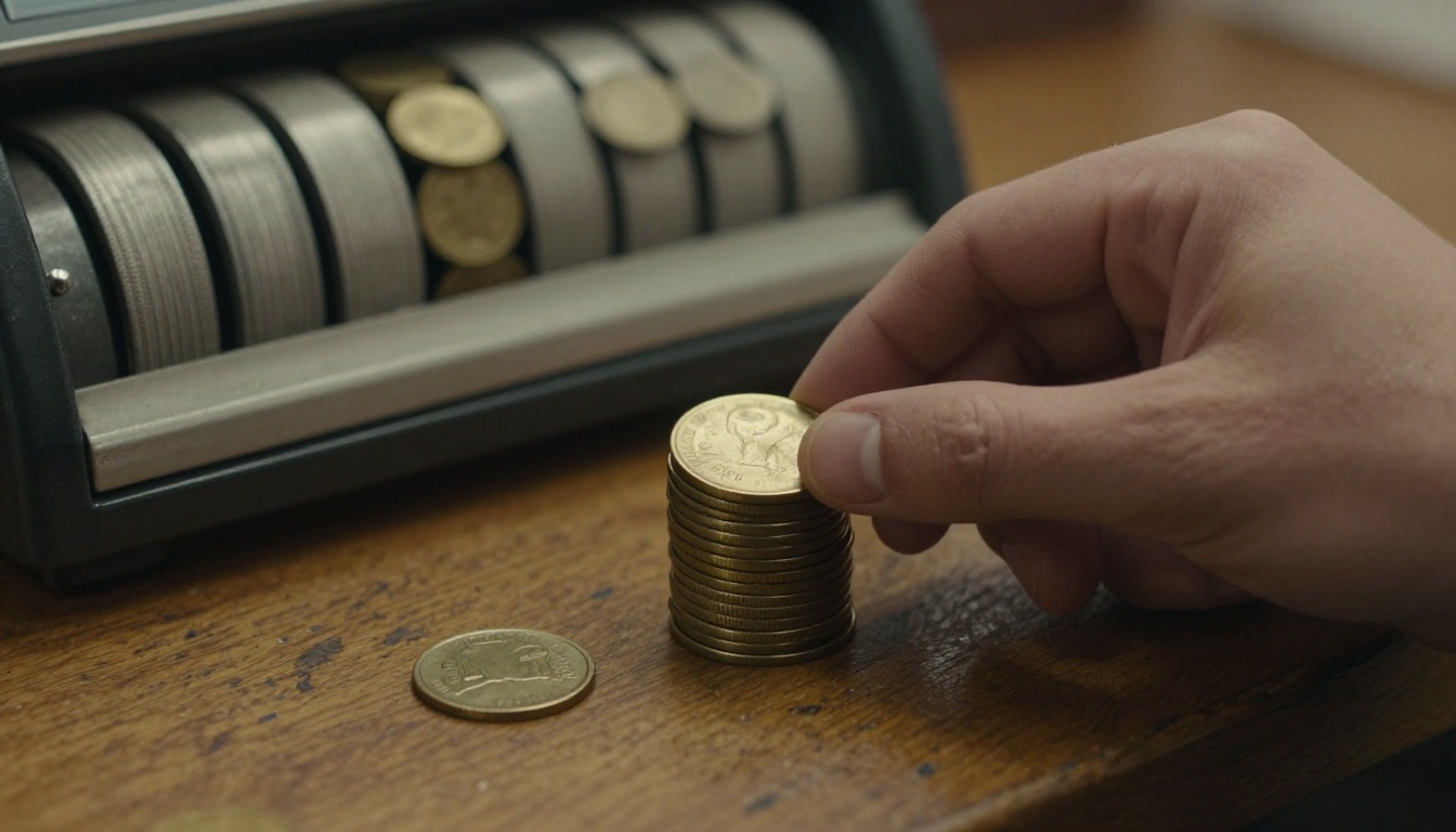 A hand sliding brass tokens across a worn oak counter toward a cashier