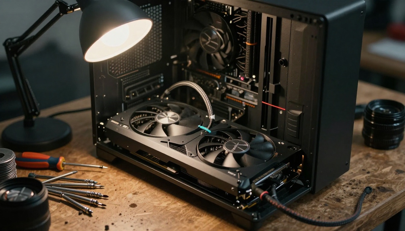 Open desktop computer with a graphics card on a garage workbench under a work lamp