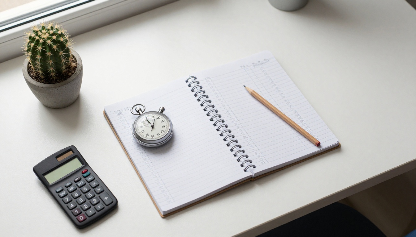 Top-down view of a desk with a stopwatch, calculator and a notebook of handwritten price columns