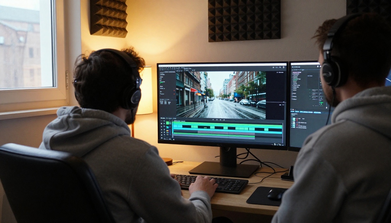 A man in a grey hoodie watching a video timeline in a small editing room