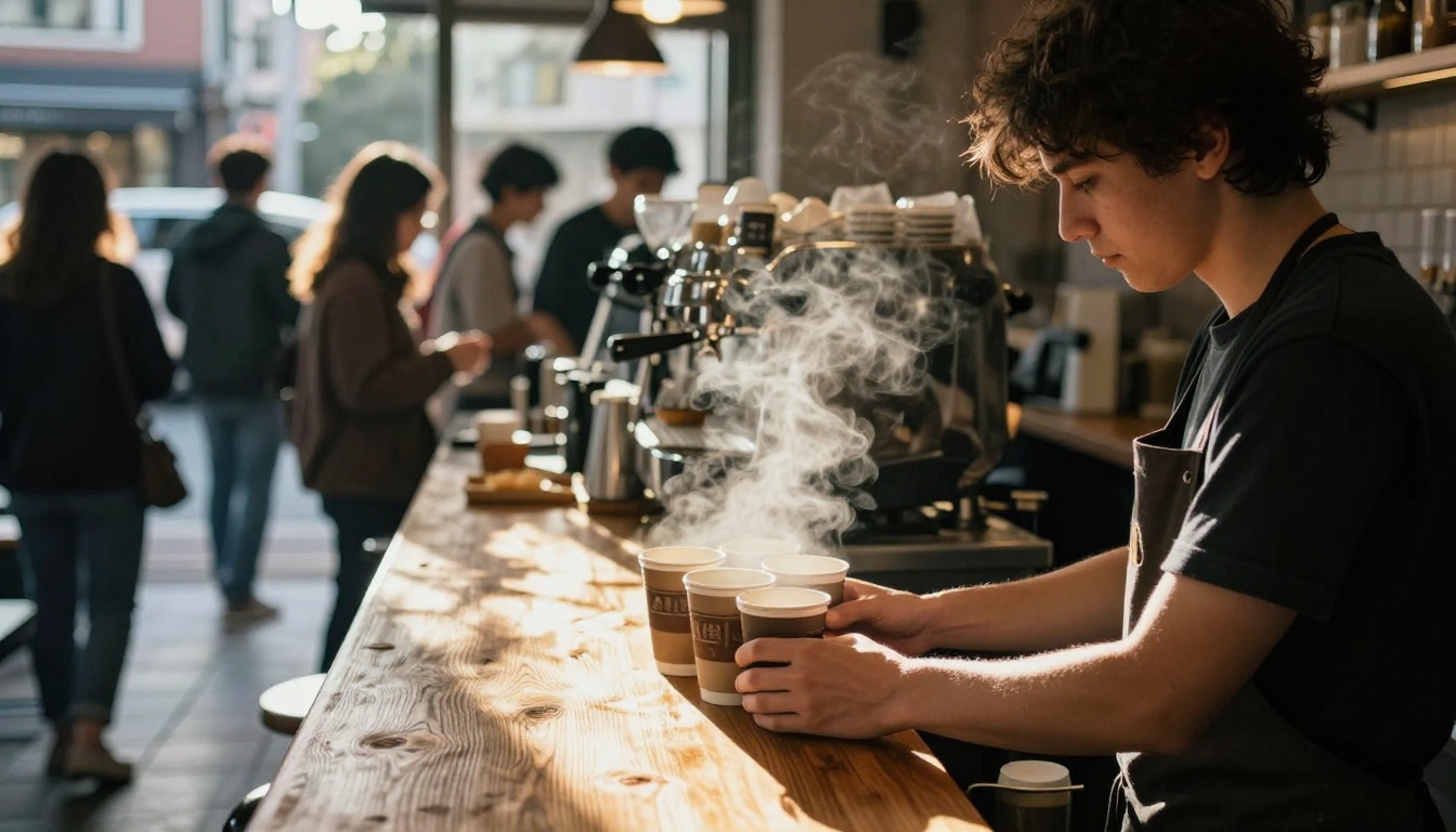 A barista lining up five paper cups at a busy coffee bar counter